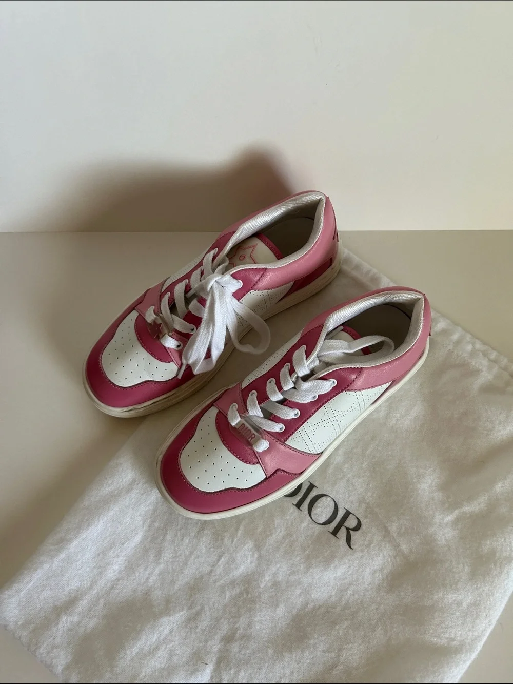 Dior White and Pink Low-Top Leather Sneakers